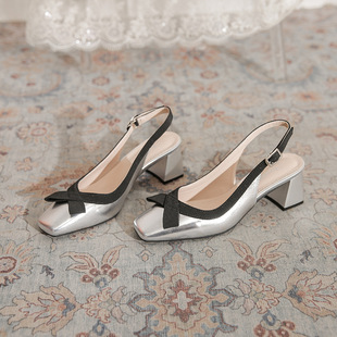 Baotou Hollow Back Shallow Sandals for Women 2024 Summer New Style Thick Heel Silver Small Fragrance with Skirt Versatile High Heels