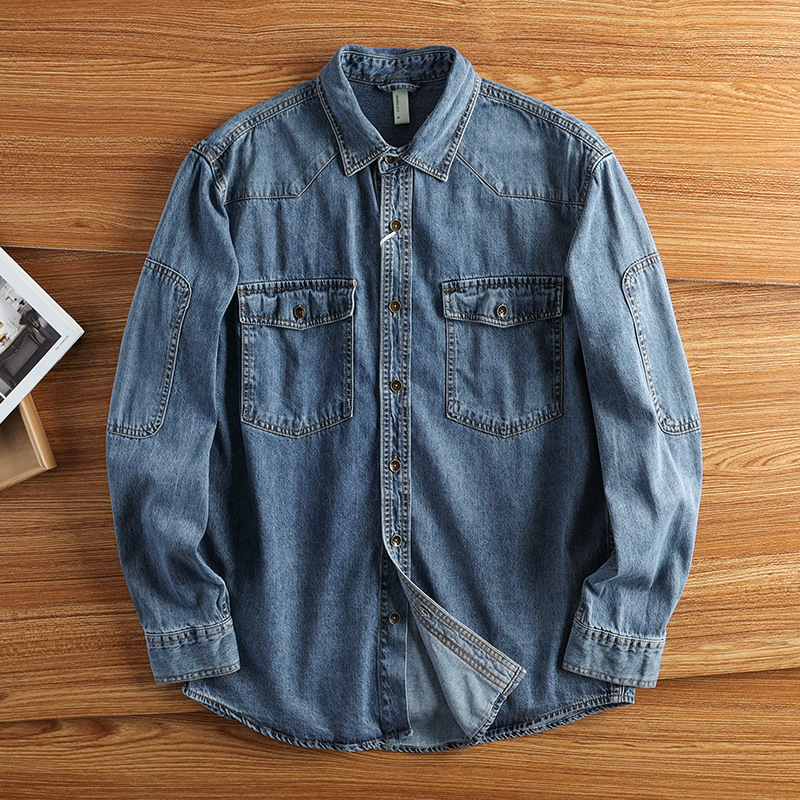 American Casual Denim Shirt Men's Loose Top Spring and Autumn Trendy Heavy Washed Long-Sleeve Shirt Jacket