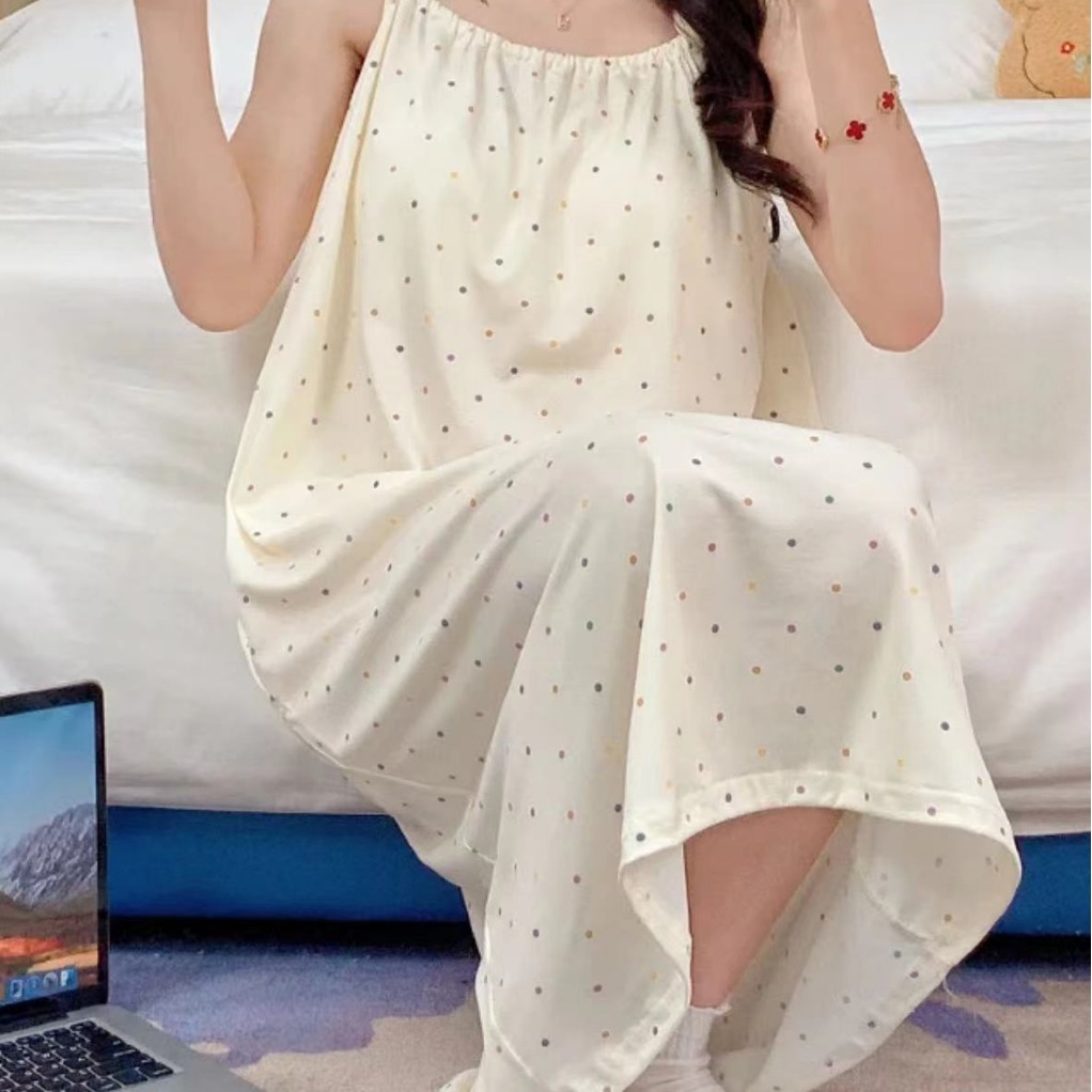 Bonita vestido de pijama de punto de onda para mujeres simple dulce verano nuevo con cojín de pecho pijama casero vestido largo estudiante comercio exterior al por mayor