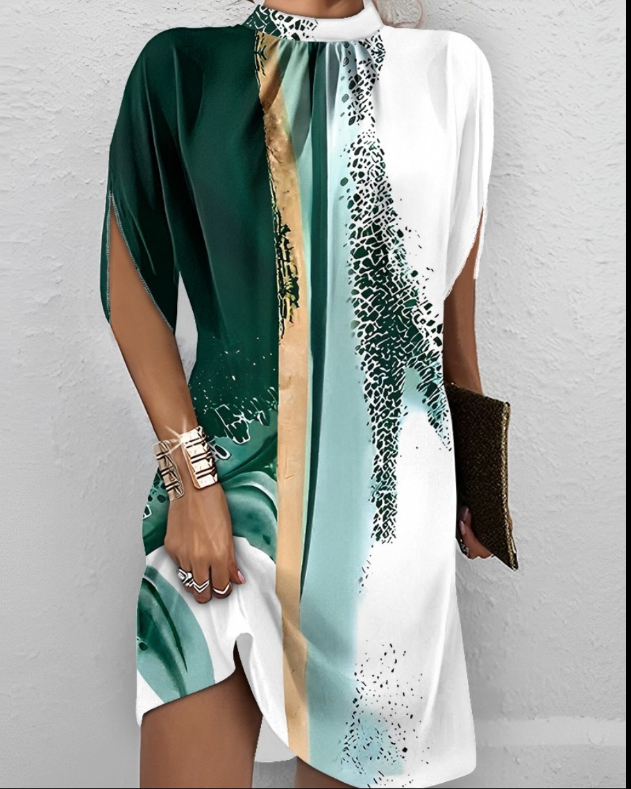 2023 transfronteriza europea y americana nueva ropa de mujer Amazon estación independiente de moda cuello redondo manga Batwing suelta vestido de cuello redondo image 5