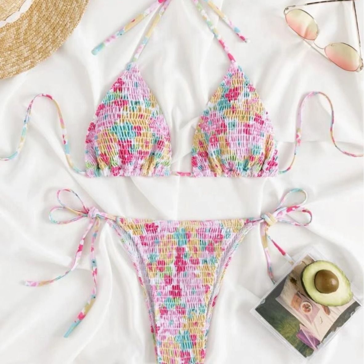 2025 New Triangle Bag Swimsuit Women's Cross-border Sexy Three-point Strap Small Chest Beach Printed Spa Bikini
