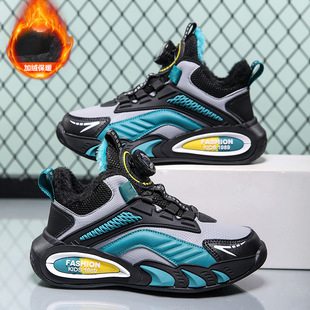 Children's large cotton rotating buttons 2025 winter new thickened and warm boys' sports shoes for large children with leather surface anti-slip