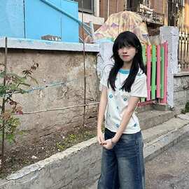 40支酷丝棉 字母印花短袖t恤女夏季新款修身显瘦拼接撞色辣妹上衣