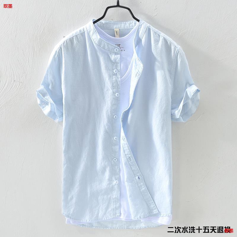 亚麻短袖衬衫男立领宽松复古薄透气百搭寸衣深蓝棉麻简约日系休闲