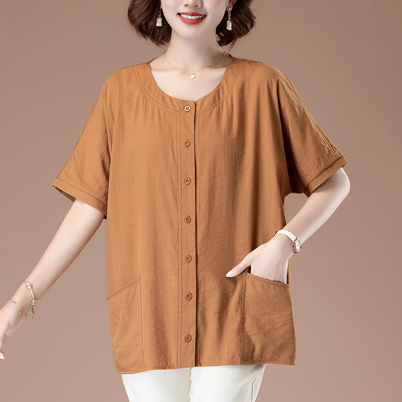 중년 및 노년 여성 반팔 쉬폰 셔츠 탑 플러스 사이즈 플러스 사이즈 티셔츠 어머니복 여름 배트 슬리브 셔츠