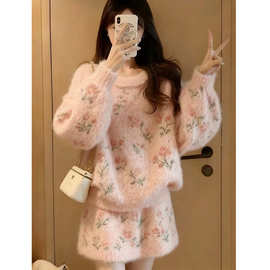 D6C冬装穿搭一整套2025超火独特漂亮氛围感粉色针织衫毛衣裙子两