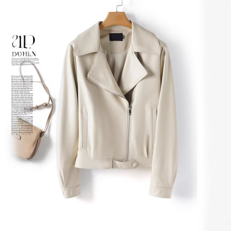 Women's Short Leather Jacket with Lapel, Fashionable Biker Leather Jacket for Petite Figures, 2026 New Spring and Autumn Haining Sheepskin