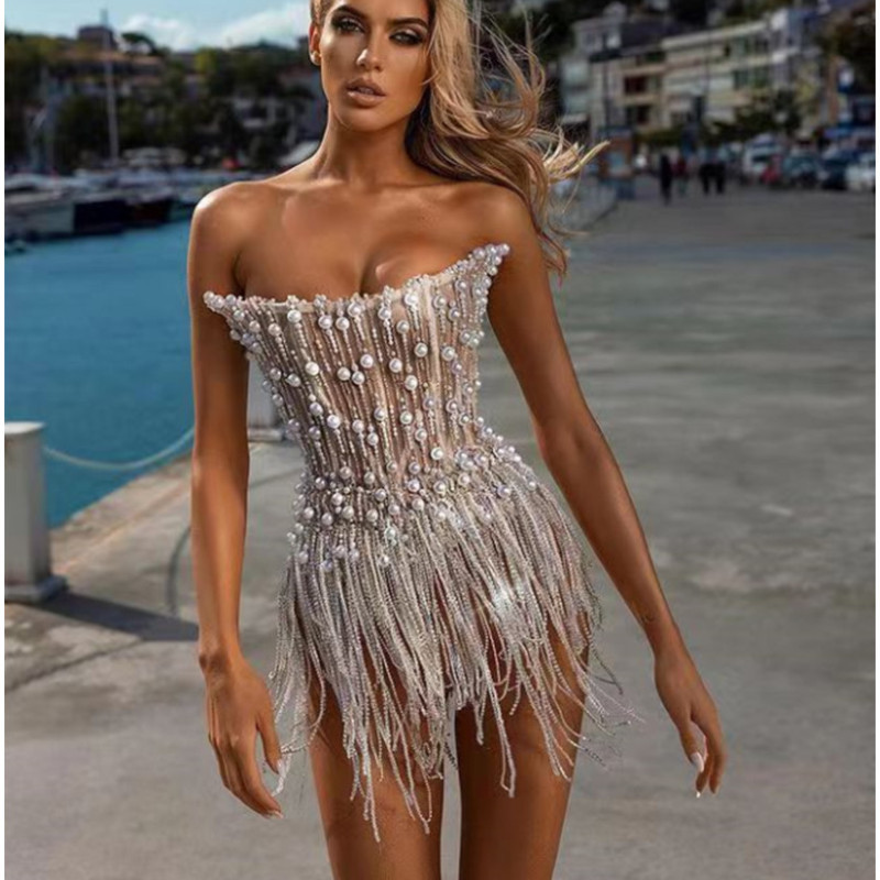 2024 European and American Fashion Sexy Dress Solid Color Sexy Pearl-Embellished Strapless Bodycon Mini Dress Bandage Dress