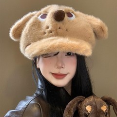 かわいい怒りの子犬の耳のぬいぐるみのベレー帽の女性秋の冬のぬいぐるみの八角帽は保温アヒルの舌の帽子を厚くします。
