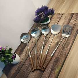 仿胡桃实木不锈钢烹饪勺铲加长柄锅铲汤勺漏勺煎铲厨具套装批发