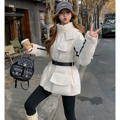 亚马逊收腰连帽棉服女2025冬季新款工装棉服加厚中长款棉衣外套潮