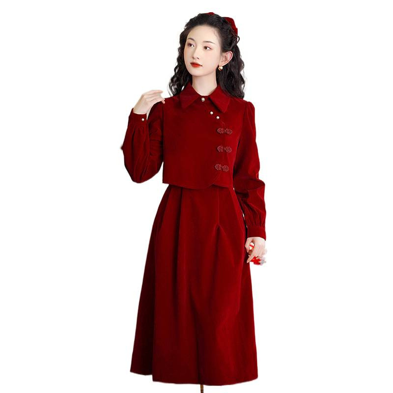 新中式国风改良假两件旗袍丝绒连衣裙秋季红色礼服回门服平时可穿|undefined