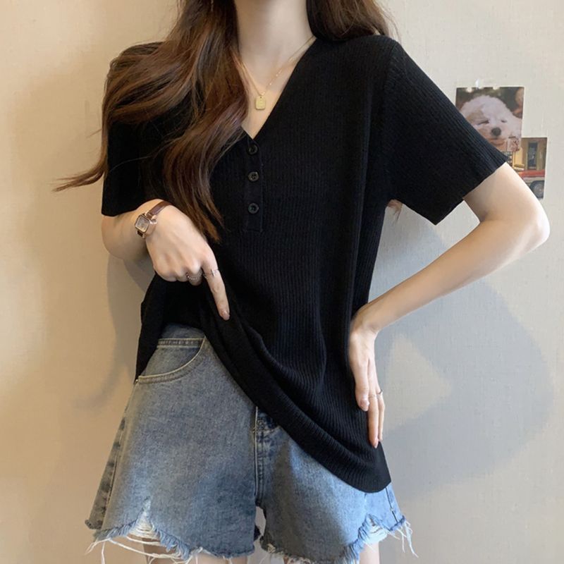 Plus-Size Regular Shoulder Ice Silk V-Neck Short-Sleeve T-Shirt for Women, 2026 Summer New Style, Loose Fit for Chubby Women, Slimming, Covers Body Flaws, Elegant Top