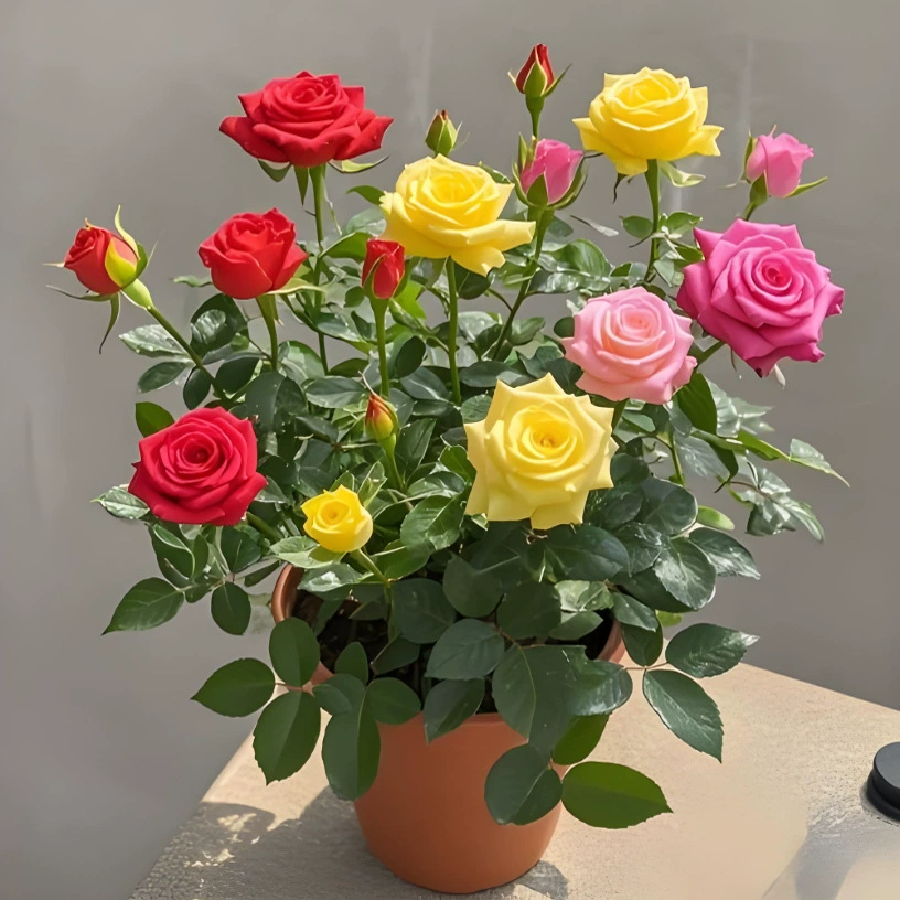 Розовые саженцы с большими цветами и бутонами, цветами и зелеными растениями, комнатные и уличные балконные розы в горшках, цветущие в любое время года.