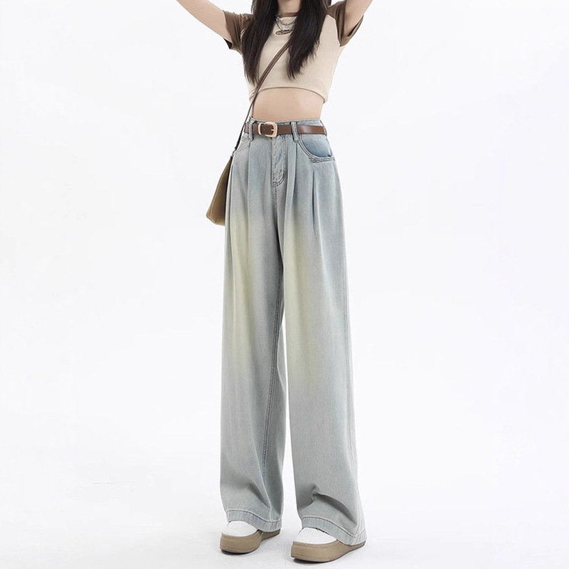Rasha's Retro Blue Jeans for Women, High-Waisted, Loose and Slim, Straight Wide-Leg Pants, Pear-Shaped Body Pants