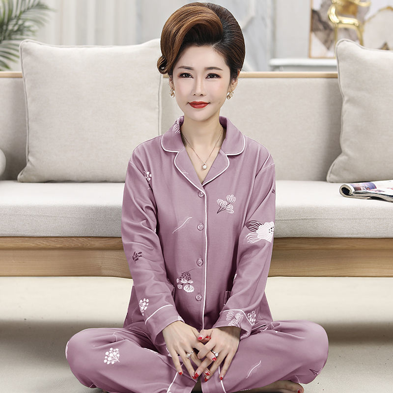 Pijamas de mujer de mediana edad 100% algodón Pijamas de mujer de verano de manga larga de mediana edad y madres ancianas usan traje Delgado