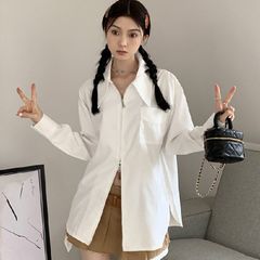 法式拉链白色长袖衬衫女秋季设计感小众宽松显瘦别致新款上衣