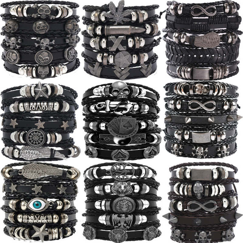 Cross-Border Hot Selling Skull Alloy Accessories Five-Piece Set Cowhide Bracelet Amazon Aliexpress Direct Supply Jewelry