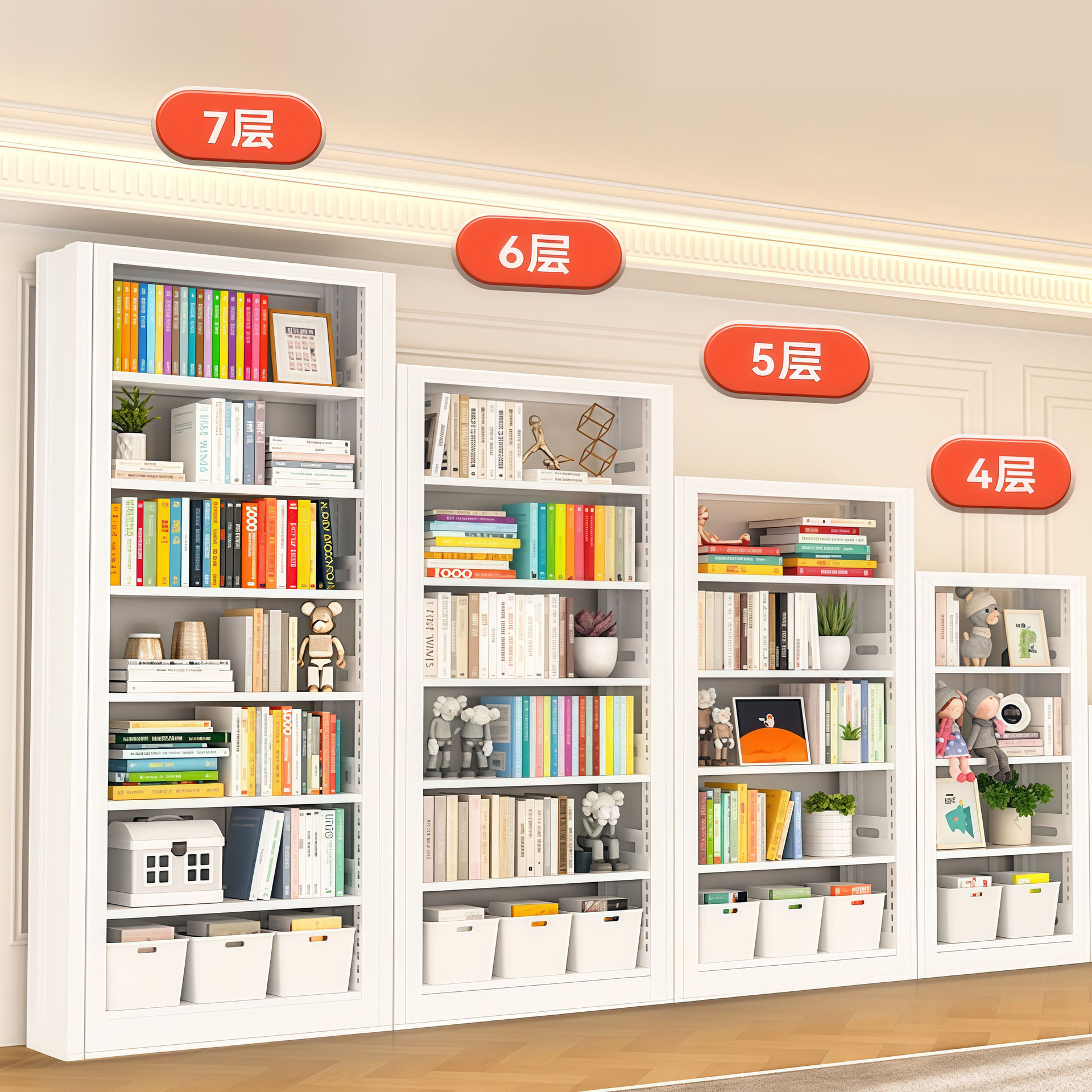 Household Steel Library Bookshelf, Floor-Standing Storage Rack, Multi-Layer Children's Wall-Mounted Picture Book Shelf, Simple Bookcase