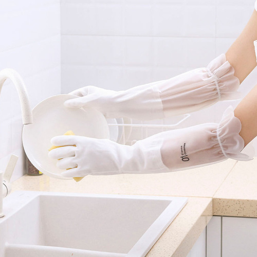 Women's dishwashing gloves thickened housework kitchen durable laundry long gloves plus velvet rubber waterproof household