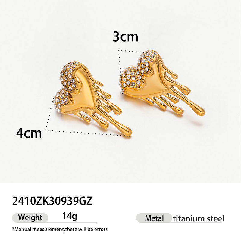 Tina transfronteriza europa y americana pendientes de acero inoxidable exagerado ligero lujo de alta sensación larga amor líquido pendientes de diamantes para mujeres