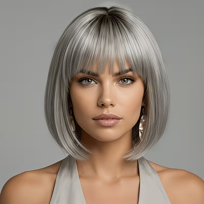 Women's Short Straight Hair Bob Wig, Fluffy, in Stock, European and American Cross-Border Wig, Granny Gray with Bangs, Wig Cap Women's Short Straight Hair Bob Wig, Fluffy, in Stock, European and American Cross-Border Wig, Granny Gray with Bangs, Wig Cap