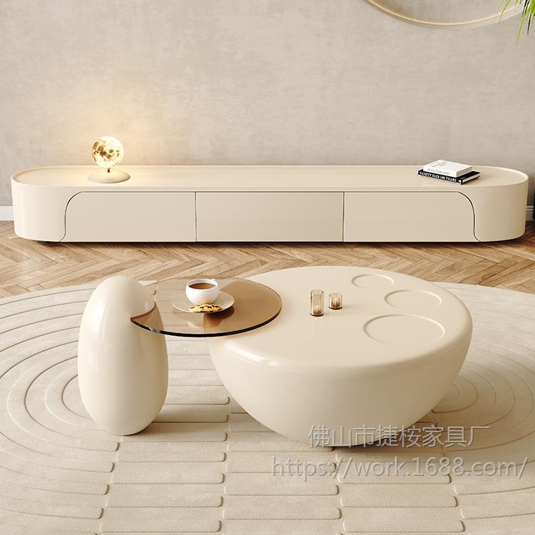 Cream Style Cat Claw Round Coffee Table Combination Living Room Floor-Standing Tv Cabinet Home Size Modern Simple High-End