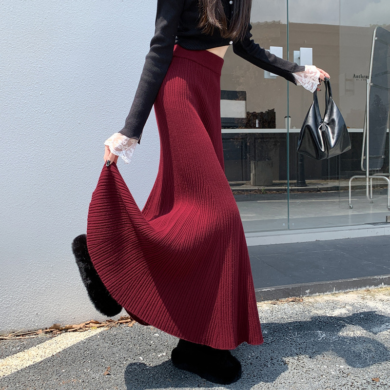 安可拉红针织半身裙女2025年冬新款包臀修身鱼尾长裙毛线裙