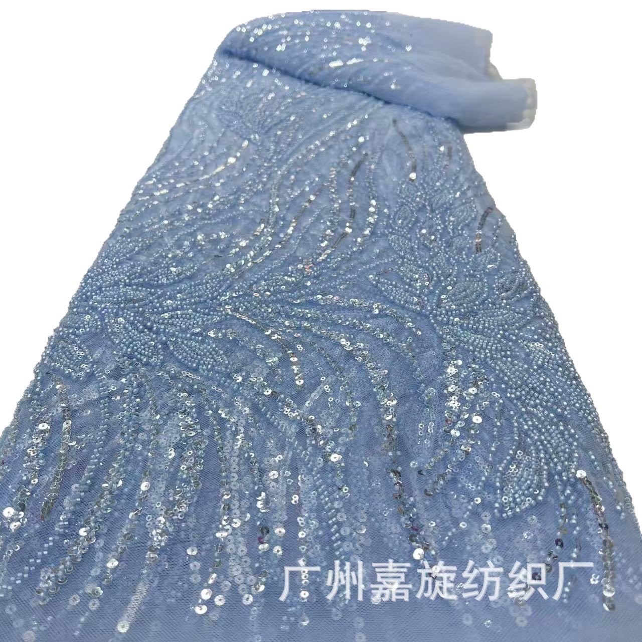 Tela base de malla en stock con lentejuelas y cuentas de 3 mm, ribete de encaje africano bordado para ropa de mujer, vestidos de novia y tela bordada. image 6