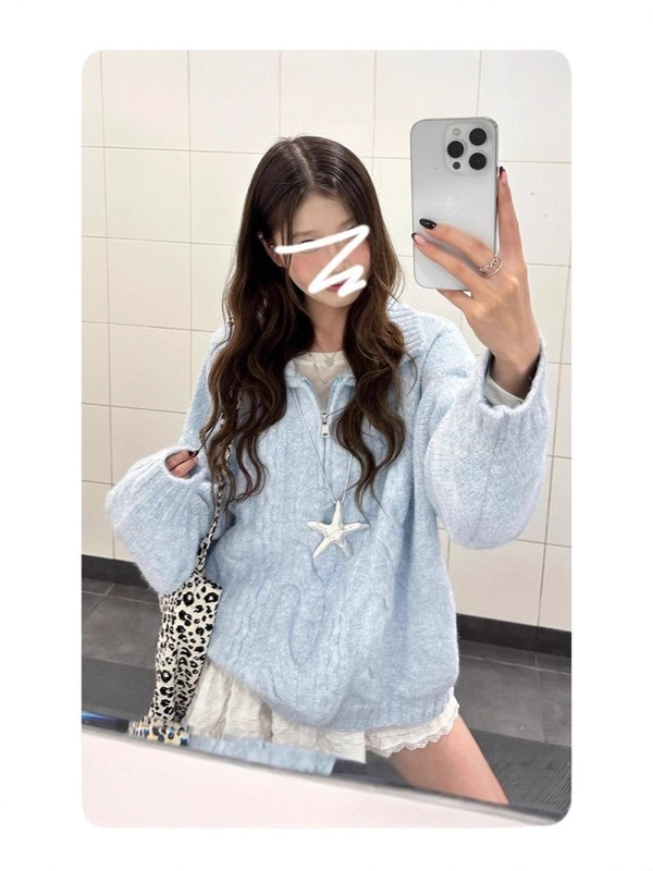 韩系休闲蓝色奶fufu翻领毛衣女春秋冬高级感甜美套头宽松针织上衣|undefined