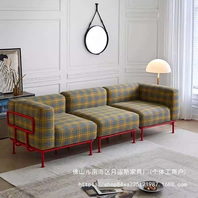 French Retro Fabric Sofa for Living Room, Small Apartment Designer Wabi-Sabi Dopamine Straight Modular Sofa