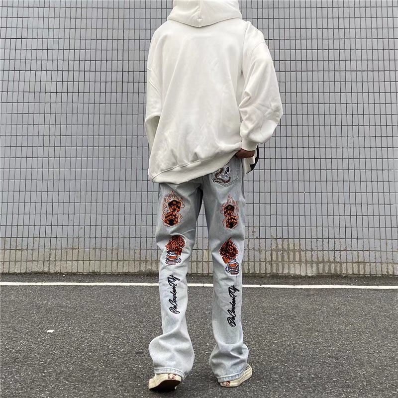 High Street Heavy Industry Skull Embroidered Jeans Men's and Women's Trendy Brand Ruffian Handsome Vibe Style Slimming Straight Pants Micro-flared Pants