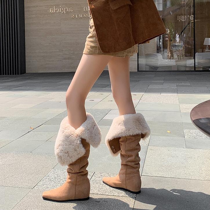 Boot tuyết nữ cổ cao ôm chân, lót lông dày, gót wedge nâng chiều cao, hai kiểu mang — màu xám