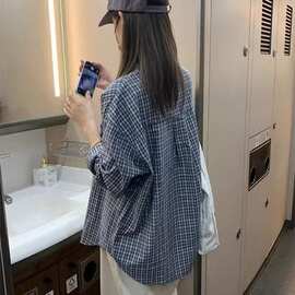 美式复古蓝色格子衬衫外套女2026早春新款慵懒衬衣宽松长袖上衣潮