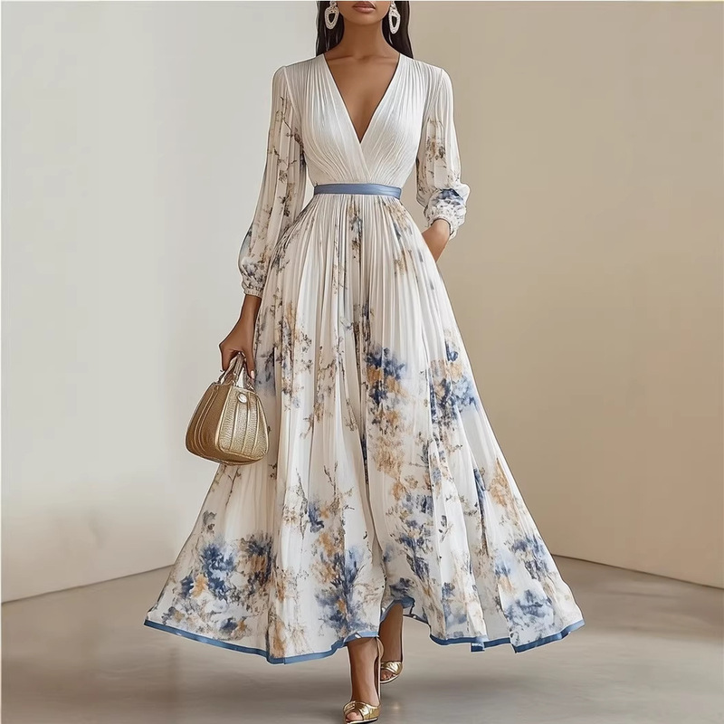 2025 European and American Export Women's Popular Long-Sleeved Printed Holiday Dress Elegant Mid-Length V-Neck Women's Skirt