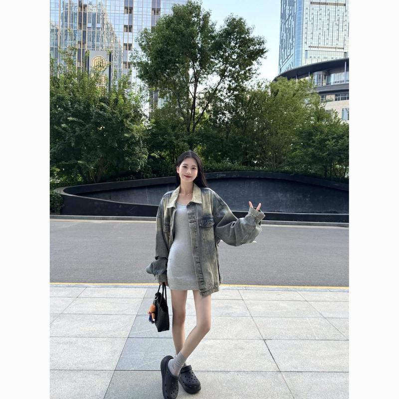 美式复古炸街牛仔外套女秋季新款宽松设计感水洗做旧工艺上衣质感|undefined