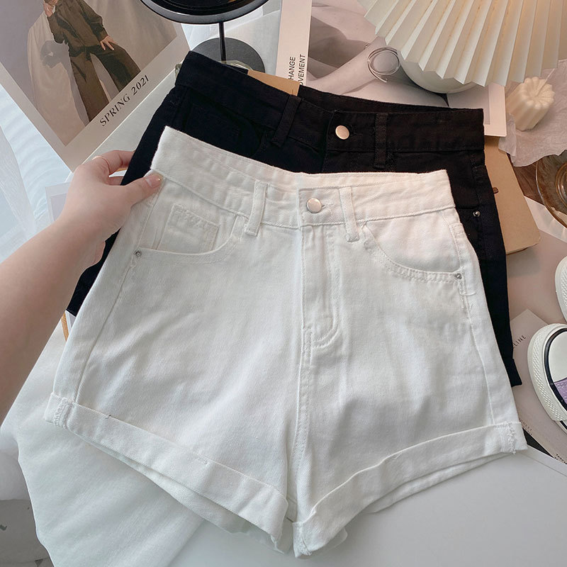 High-Waisted Black Denim Shorts for Women 2025 Summer Student Curled Loose Slimming Look A-Line Versatile Wide-Leg Pants Hot Pants for Women