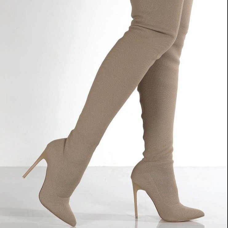 2026 Spring New Large Size Women's Boots Stretch Boots Retro Women's Thin Heel High Heels Knitted Over-The-Knee Long Boots