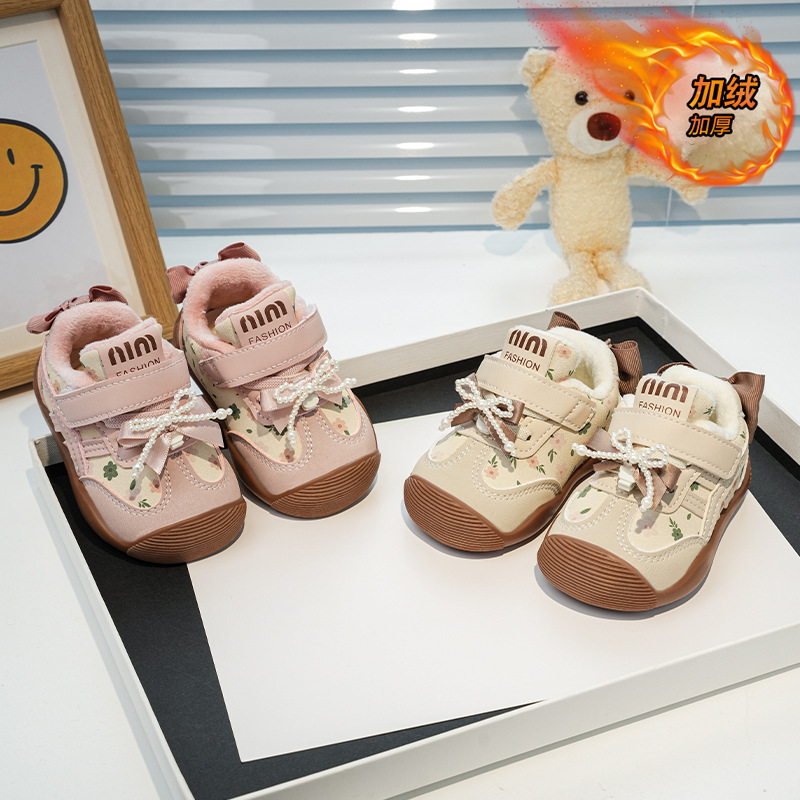 Zapatos de invierno para bebés 0 - 1 - 3 años de edad, zapatos de arco para bebés, zapatos de princesa para niños calentados, zapatos de algodón para niños