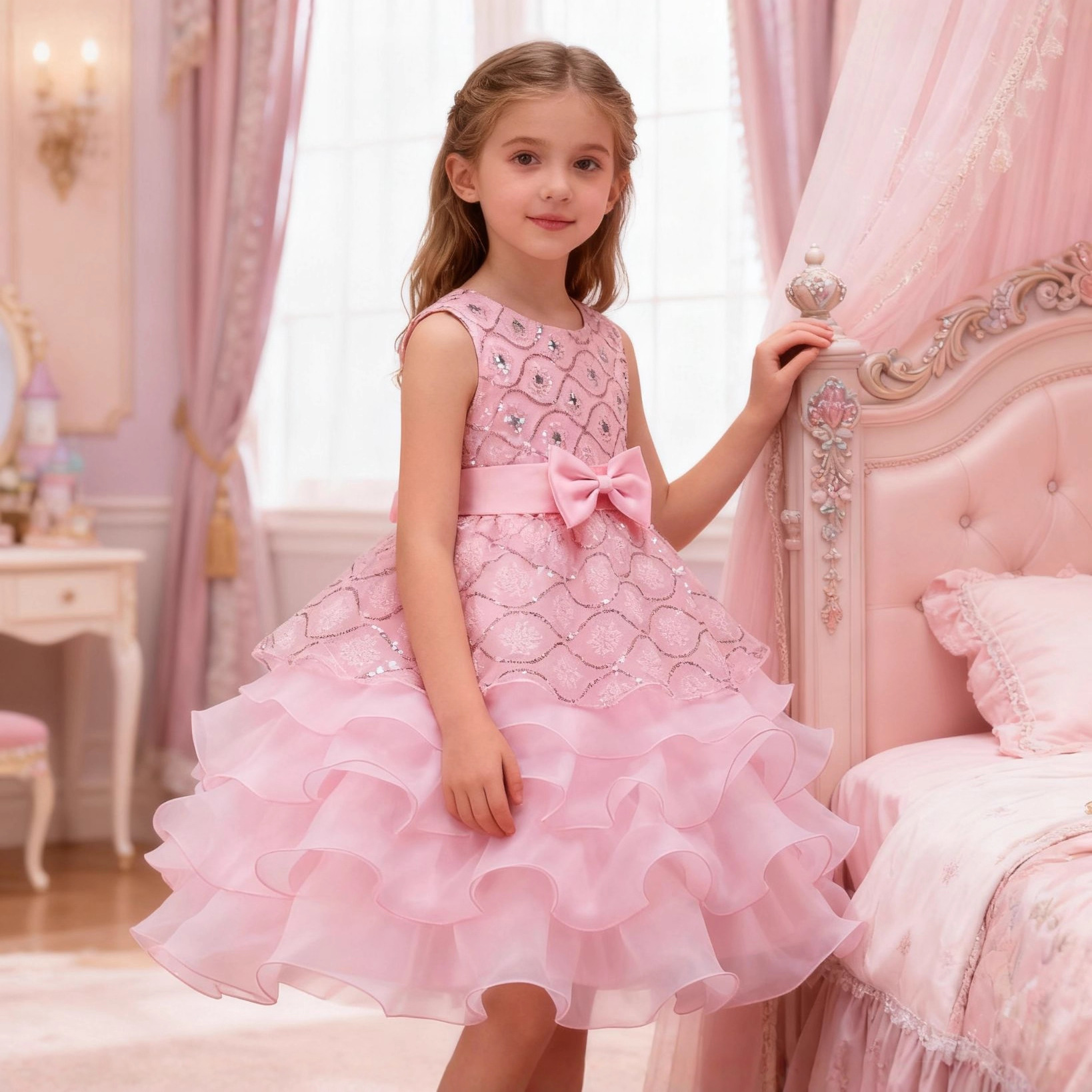 欧美中大女童蝴蝶结蓬蓬连衣裙镶珠亮片公主花童婚礼网纱礼服童裙
