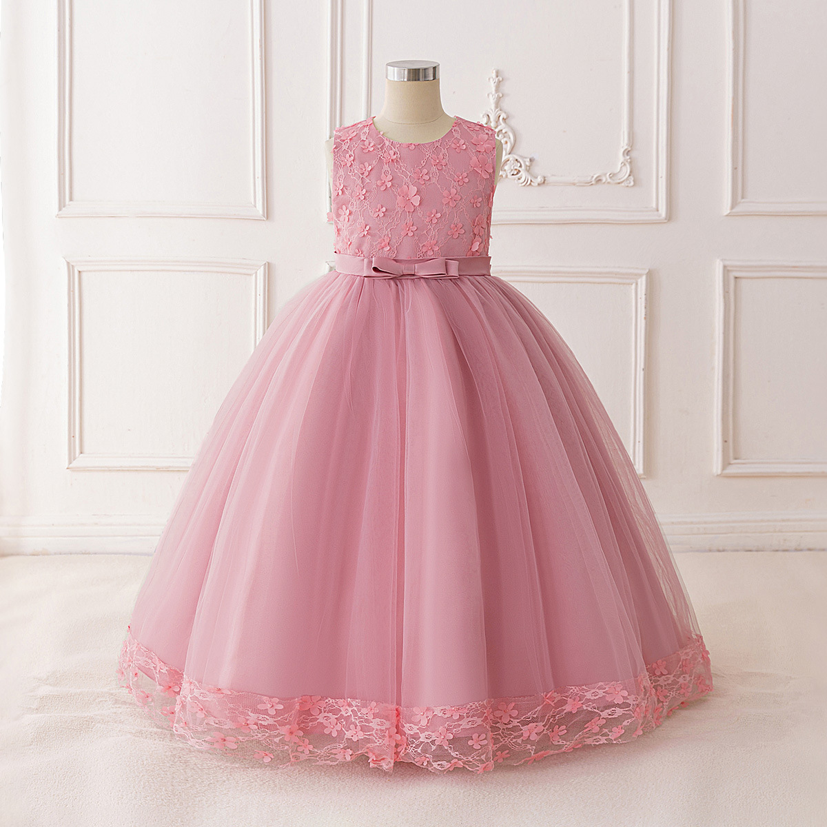 Amazon nuevo vestido de niña de 8-12 años sin mangas vestido de princesa de flores de encaje cena de boda vestido de niña de las flores