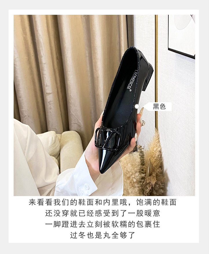 Giày bệt nữ mũi nhọn nhỏ, khóa chữ V, cổ thấp, đế bằng, phong cách tiểu thư, phù hợp xuân hè — màu đen, màu đỏ chi tiết 7
