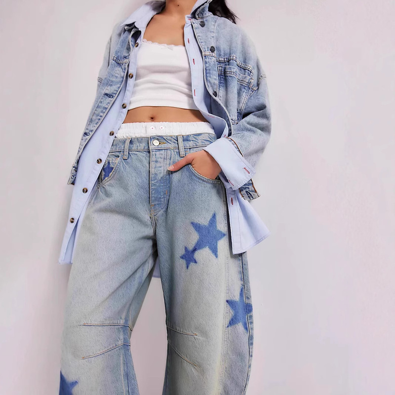 Independent Station 2025 Cross-Border Ebay European and American Spring Casual Loose Mid-Waist Tube-Shaped Women's Printed Jeans in Stock Independent Station 2025 Cross-Border Ebay European and American Spring Casual Loose Mid-Waist Tube-Shaped Women's Printed Jeans in Stock