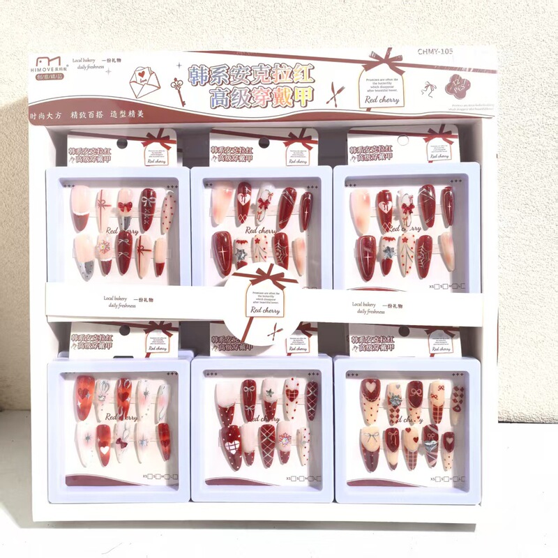 Korean-Style Angora Red Silver-Plated Nail Art with a High-End Feel, Elegant Wearable Nails, Rhinestone 3D Nail Pieces, Nail Stickers Wholesale
