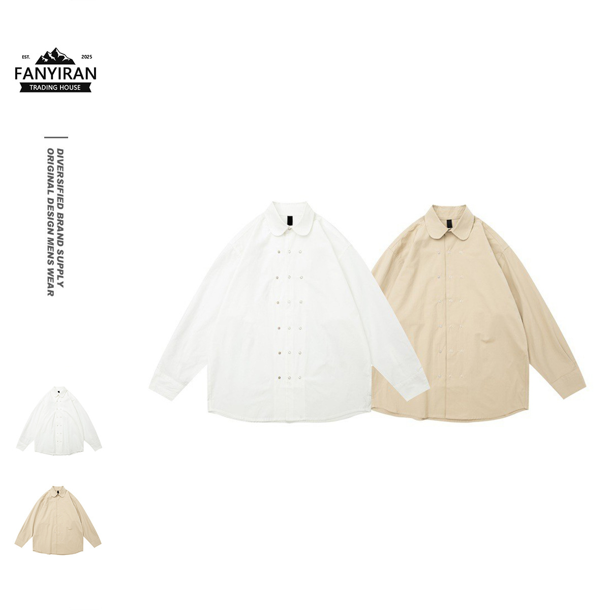 IGIO日系复古纯色衬衣男士百搭休闲个性双排扣宽松长袖衬衫PL839