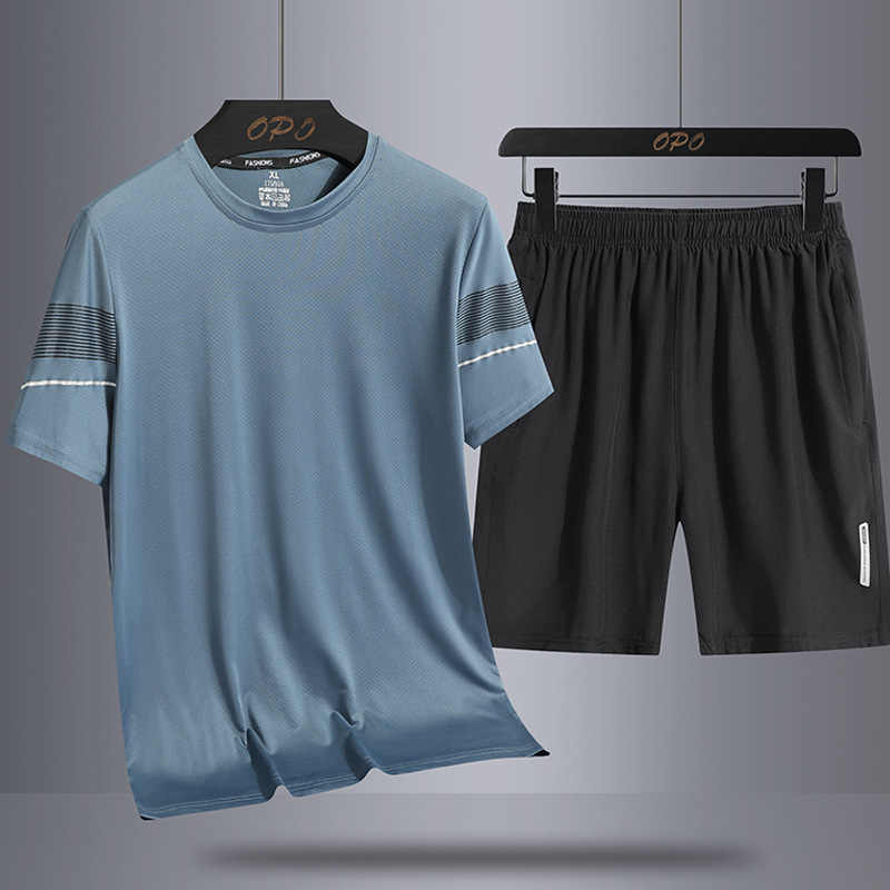 Verano de los hombres de hielo de seda casual traje deportivo suelto de dos piezas de los hombres nuevos transpirables de secado rápido cuello redondo camiseta pantalones cortos
