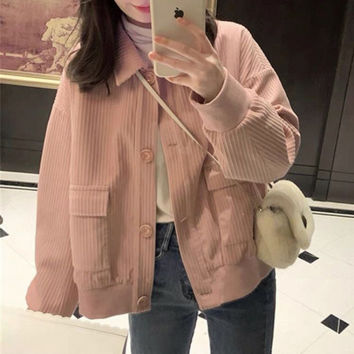 Women's Loose Fit Short Length Corduroy Jacket for Spring and Autumn, Versatile and Casual Outerwear, Layering Top