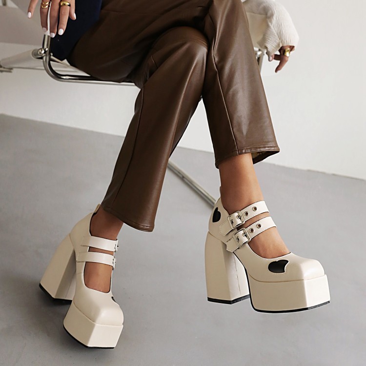 New square head double buckle love splicing single shoes waterproof platform thick high heel women's shoes_voghion.com
