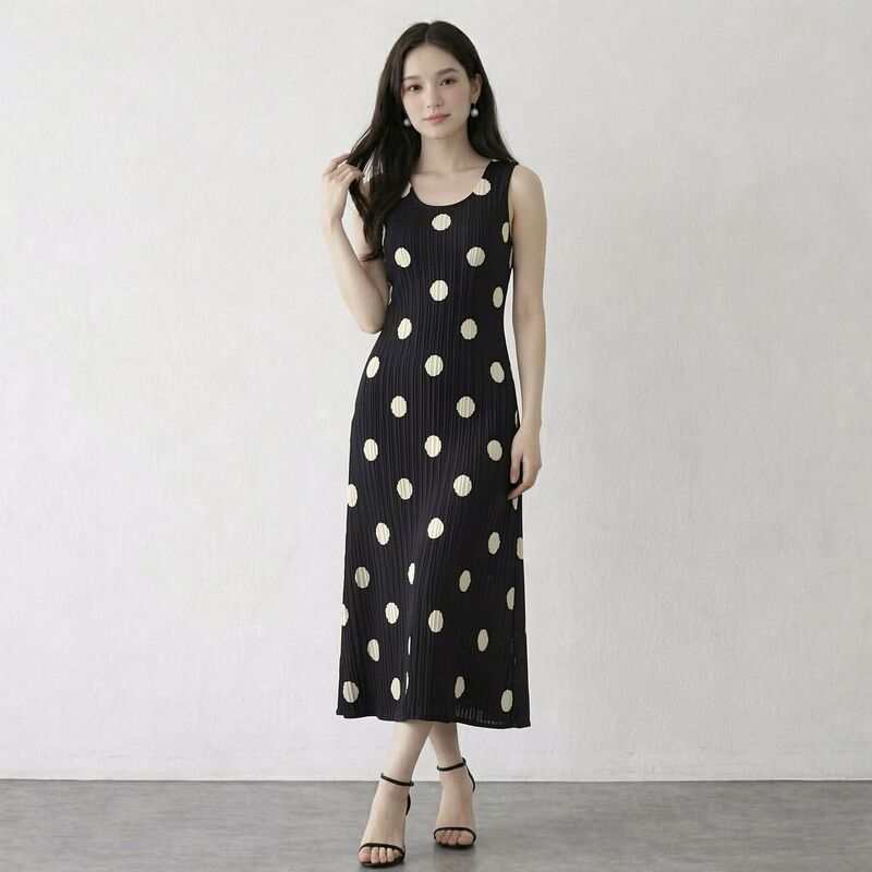 Miyake Pleated Sleeveless Polka Dot Dress, Black Mid-Length Draped A-Line Skirt with Pressed Pleats, Vacation Style Miyake Pleated Sleeveless Polka Dot Dress, Black Mid-Length Draped A-Line Skirt with Pressed Pleats, Vacation Style