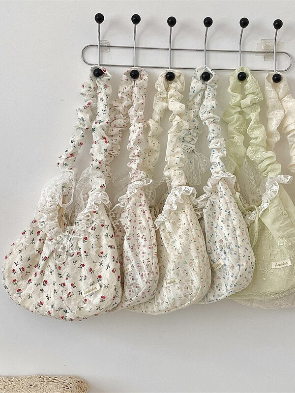 53152 Floral Pleated Shoulder Strap Lace Bow Literary Rose Handbag Commuter Armpit Bag Crossbody Bag